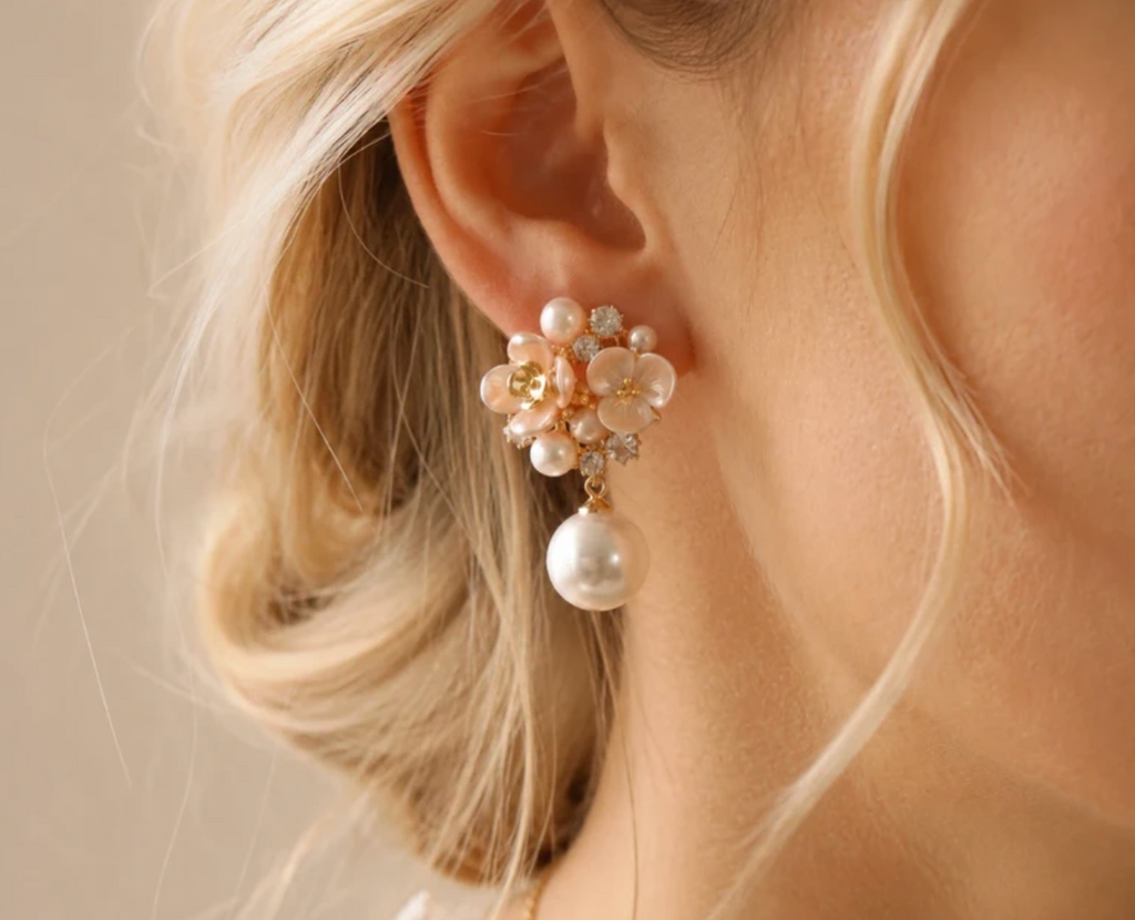 Pearl & Flower Drop Earrings with Crystals