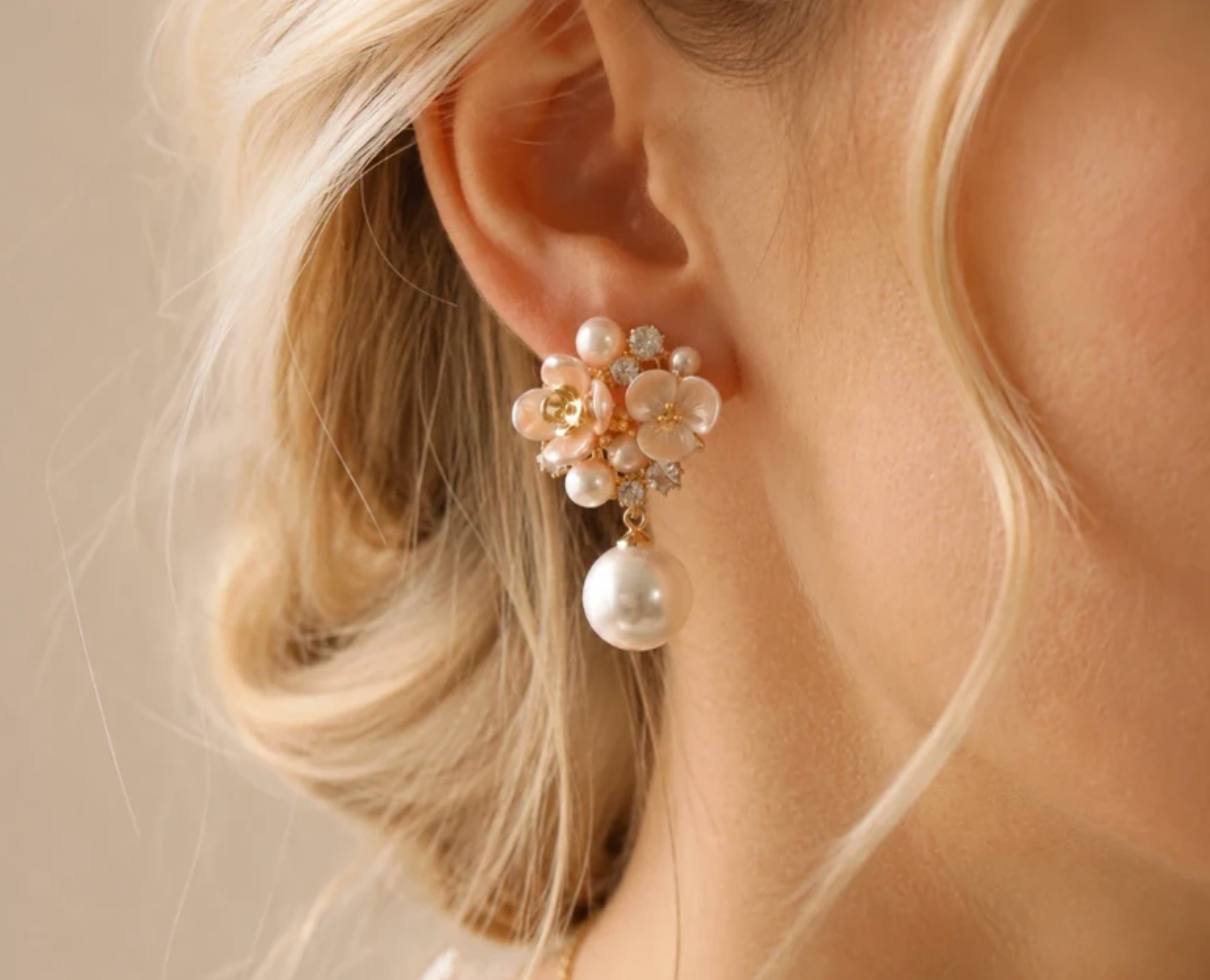 Pearl & Flower Drop Earrings with Crystals