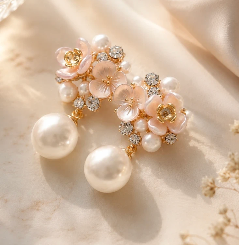 Pearl & Flower Drop Earrings with Crystals