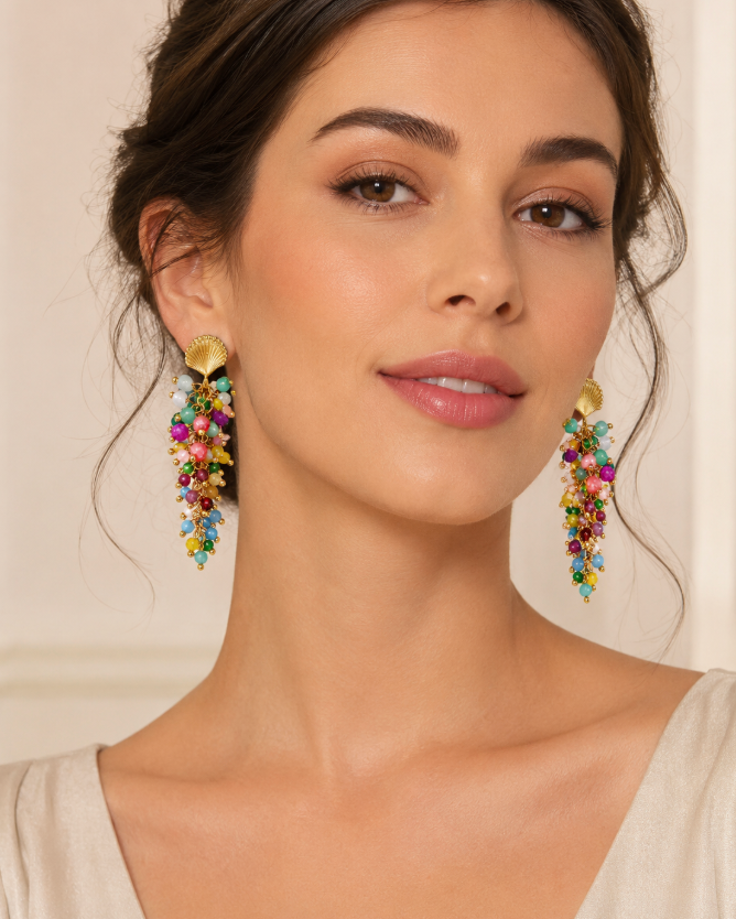 Model wearing Shell & Stone Cluster Drop Earrings