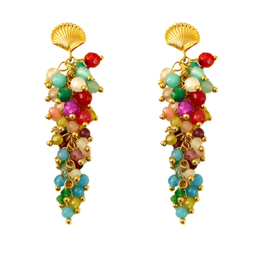 Shell & Stone Cluster Drop Earrings on white background