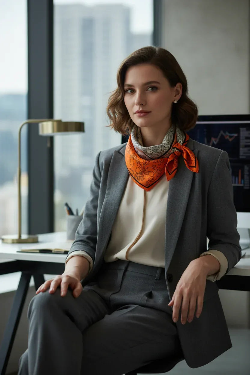 Grey Orange Scarf 100x100cm - Silk Feel Polyester Square Scarf - Scarves4you