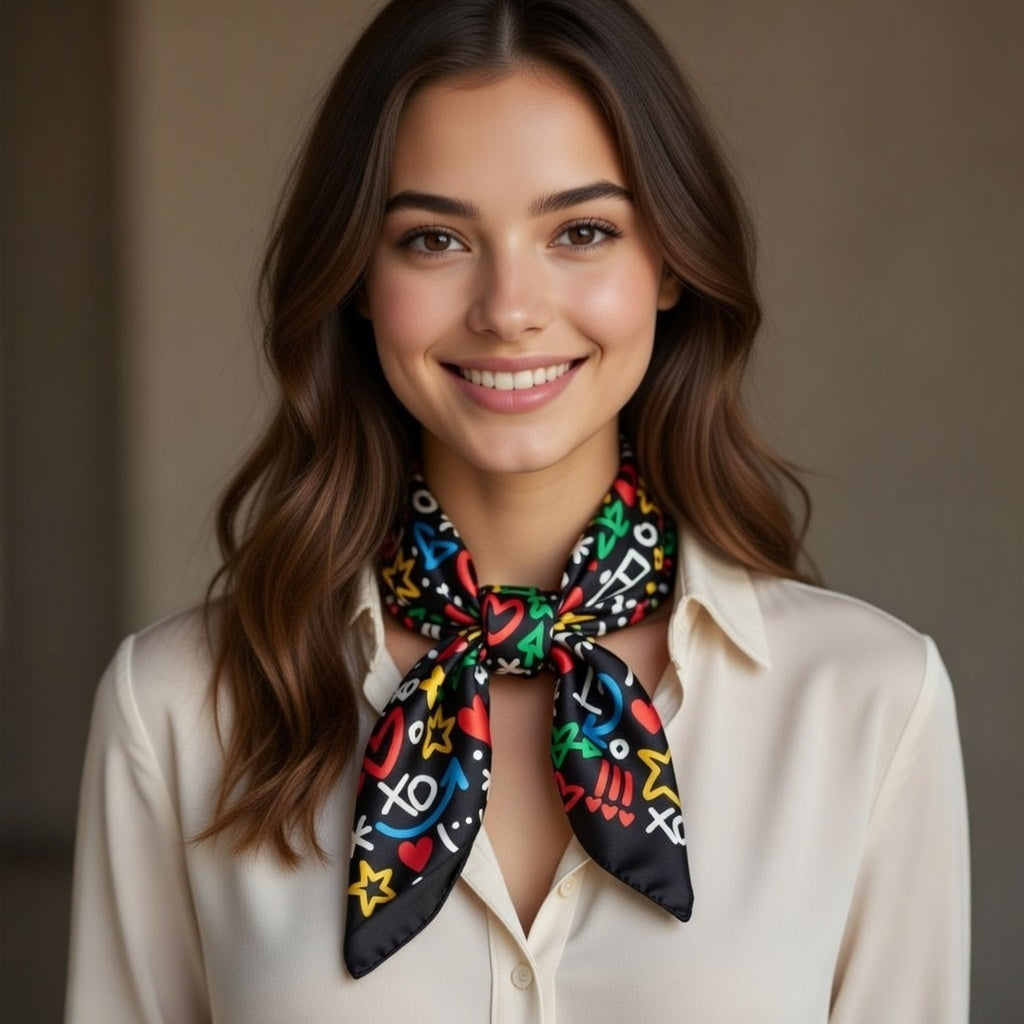 Woman wearing a colorful scarf with a pattern of symbols on a plain background