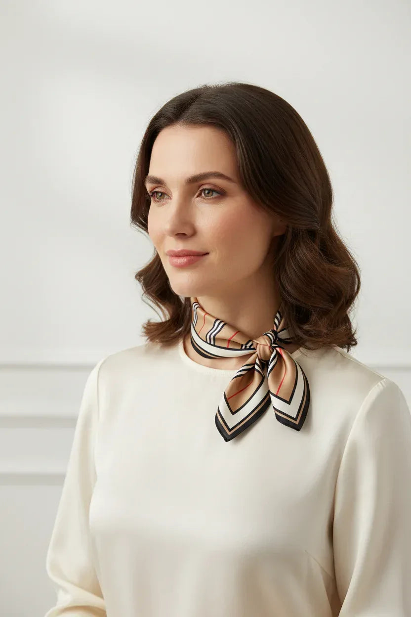 Natural Mulberry Silk Square Scarf - Beige Black Red Stripe Pattern 53x53cm - Scarves4you