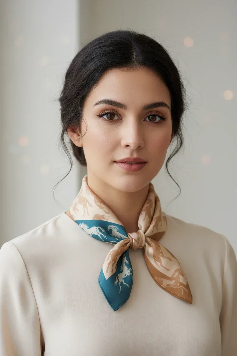 Beige Horse Print Silk Scarf - 53cm - Scarves4you