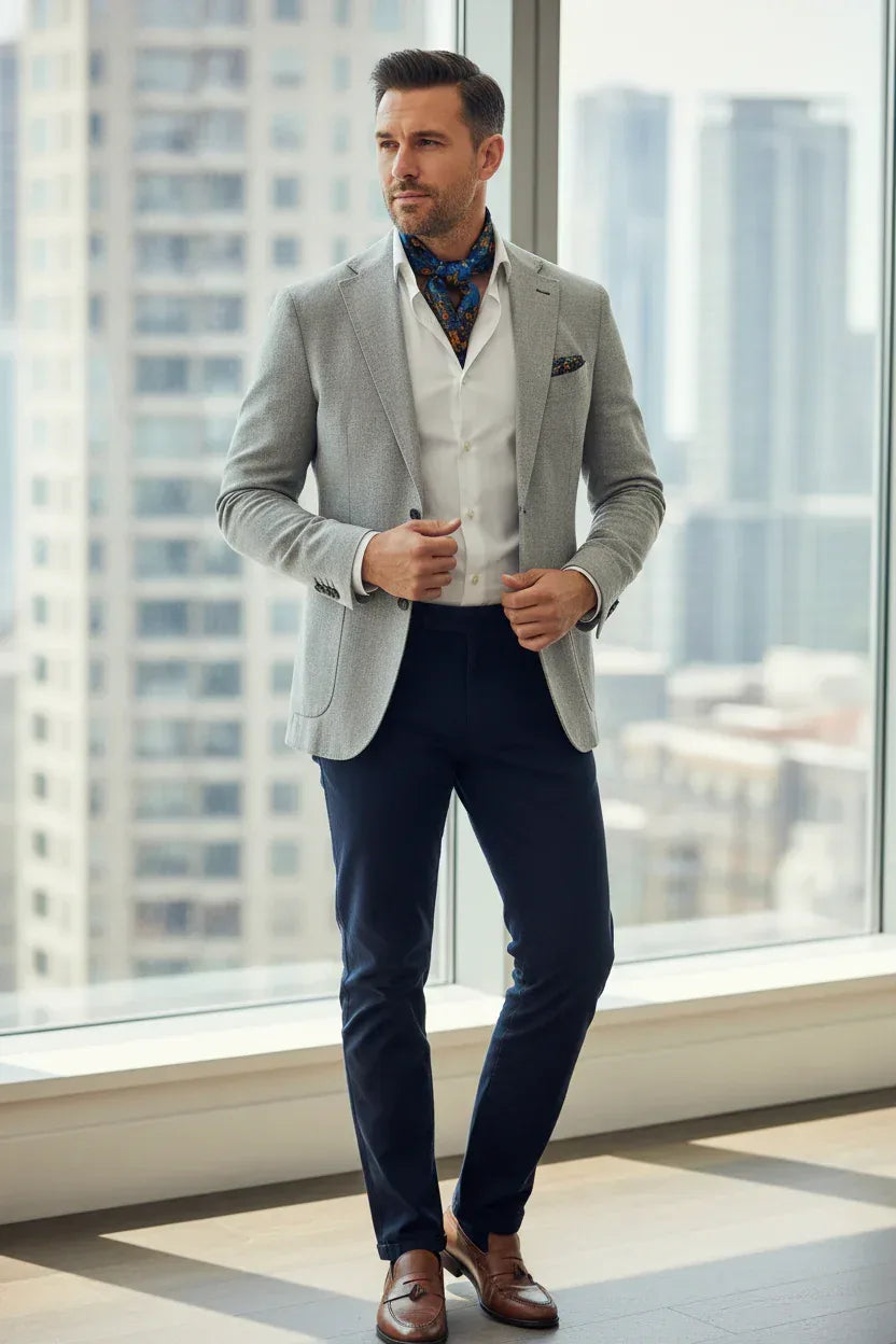 Man in a gray blazer and navy pants standing in front of a large window with cityscape view.