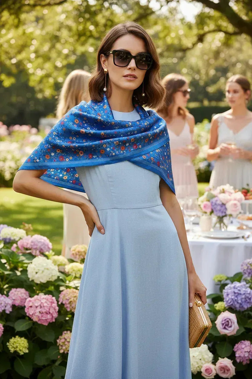 Blue Multicolor Floral Garden Pattern 70x70cm - Scarves4you