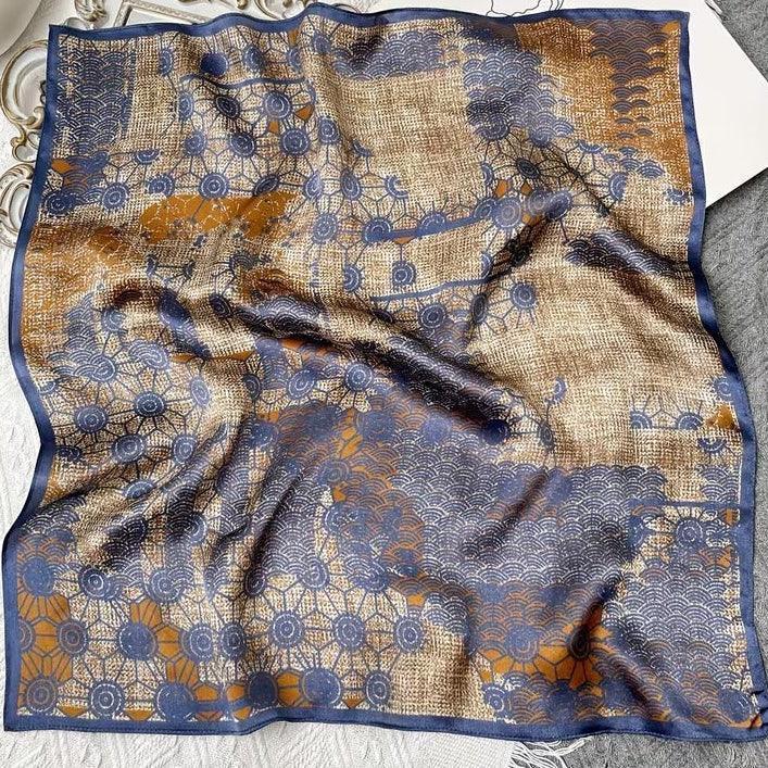 53x53 cm Mulberry Silk Scarf | Navy Blue Gold Geometric | Luxury Square Scarf | Women's & Men's Neckerchief - Scarves4you