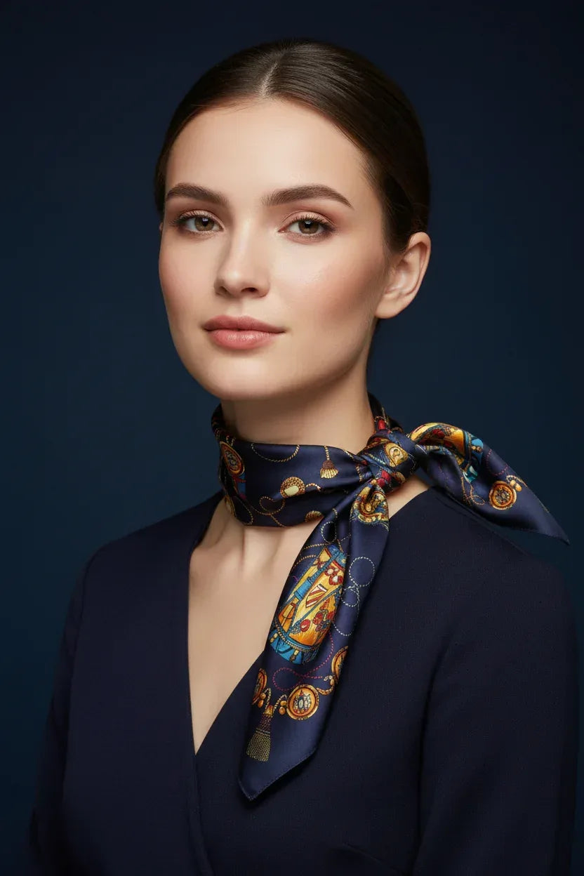 Natural Mulberry Silk Square Scarf - Dark Blue Gold Pattern 53x53cm - Scarves4you