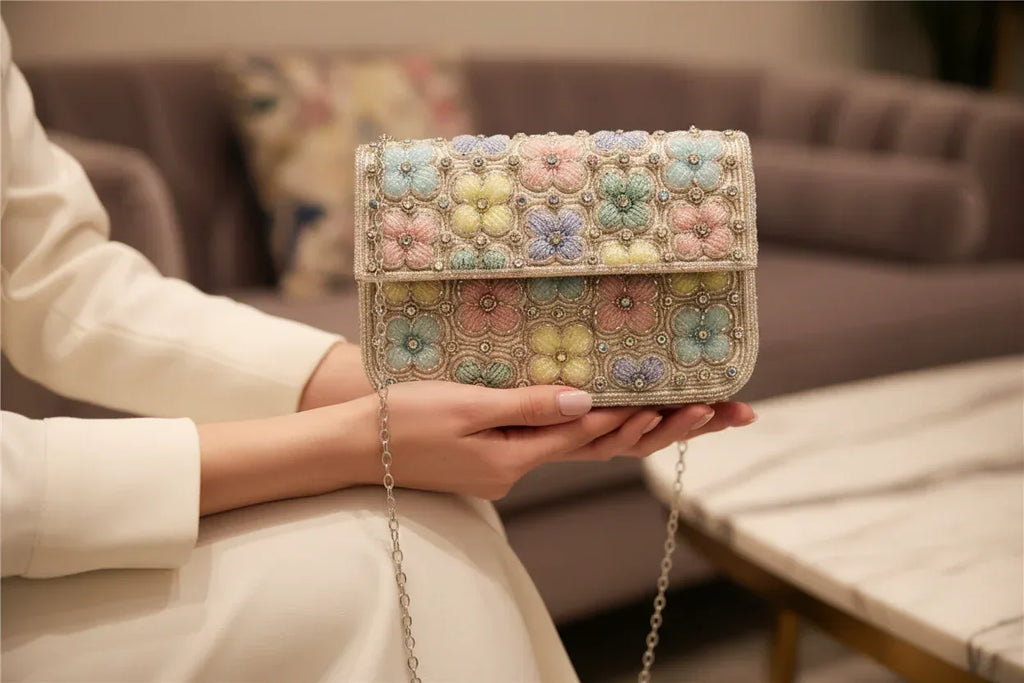 Beaded Floral Clutch Bag - Handcrafted Evening Purse - Scarves4you