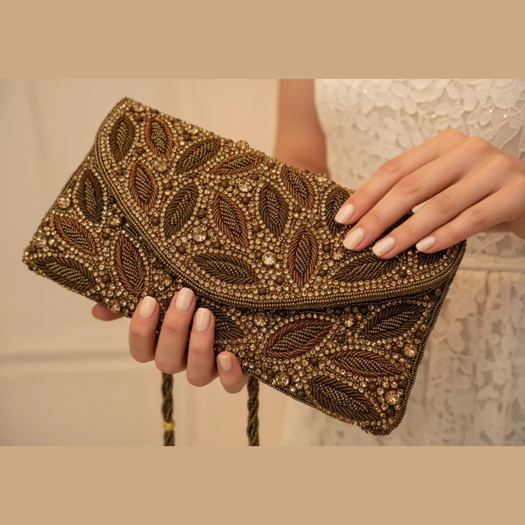 Gold Leaf Beaded Clutch Bag - Vintage Evening Purse - Scarves4you
