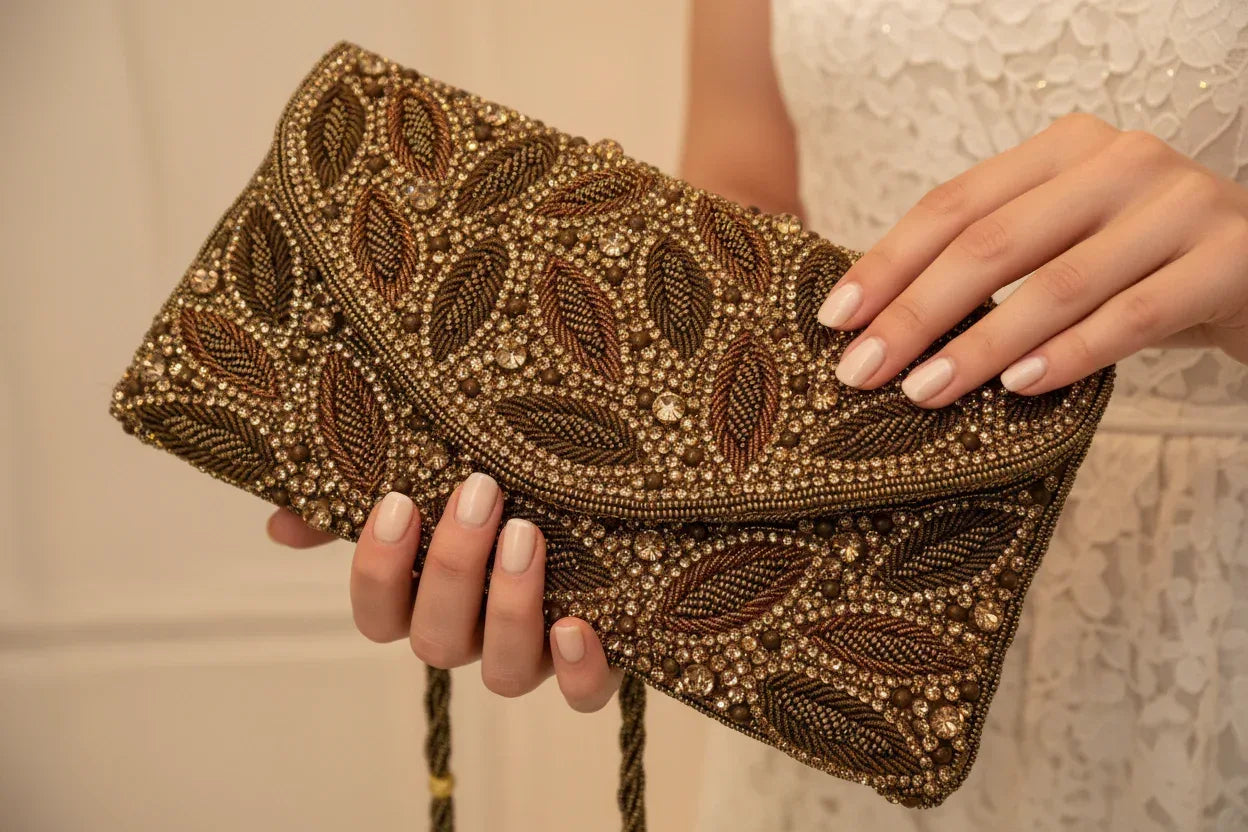 Gold Leaf Beaded Clutch Bag - Vintage Evening Purse - Scarves4you