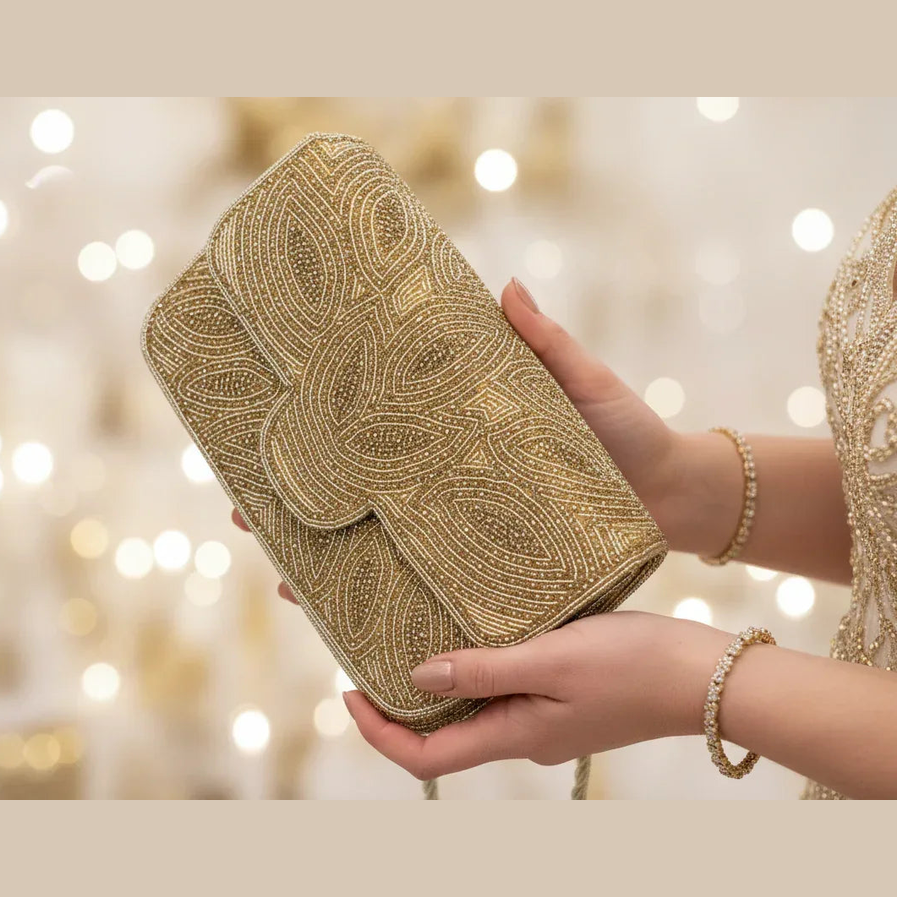 Gold Beaded Clutch Bag - Handcrafted Evening Purse - Scarves4you