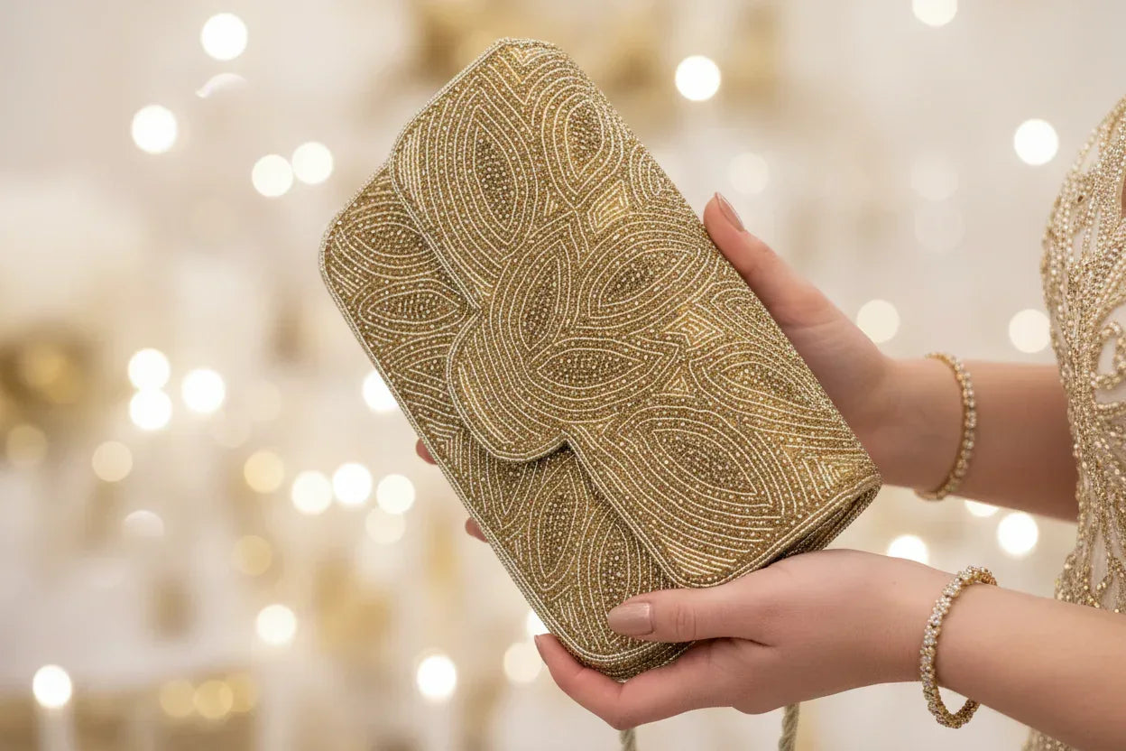 Gold Beaded Clutch Bag - Handcrafted Evening Purse - Scarves4you