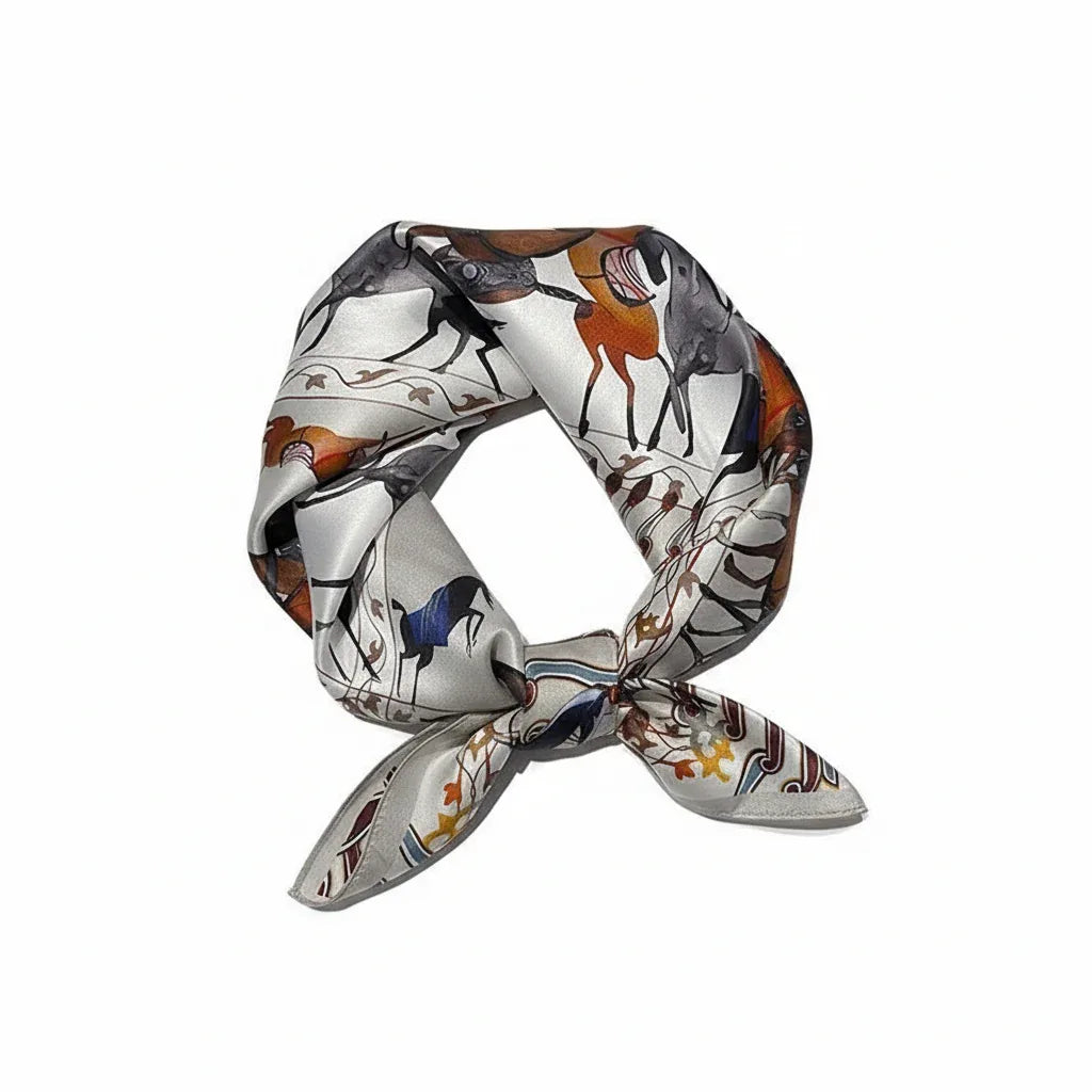 Natural Mulberry Silk Square Scarf - Vintage Equestrian Horse Print 53x53cm - Scarves4you