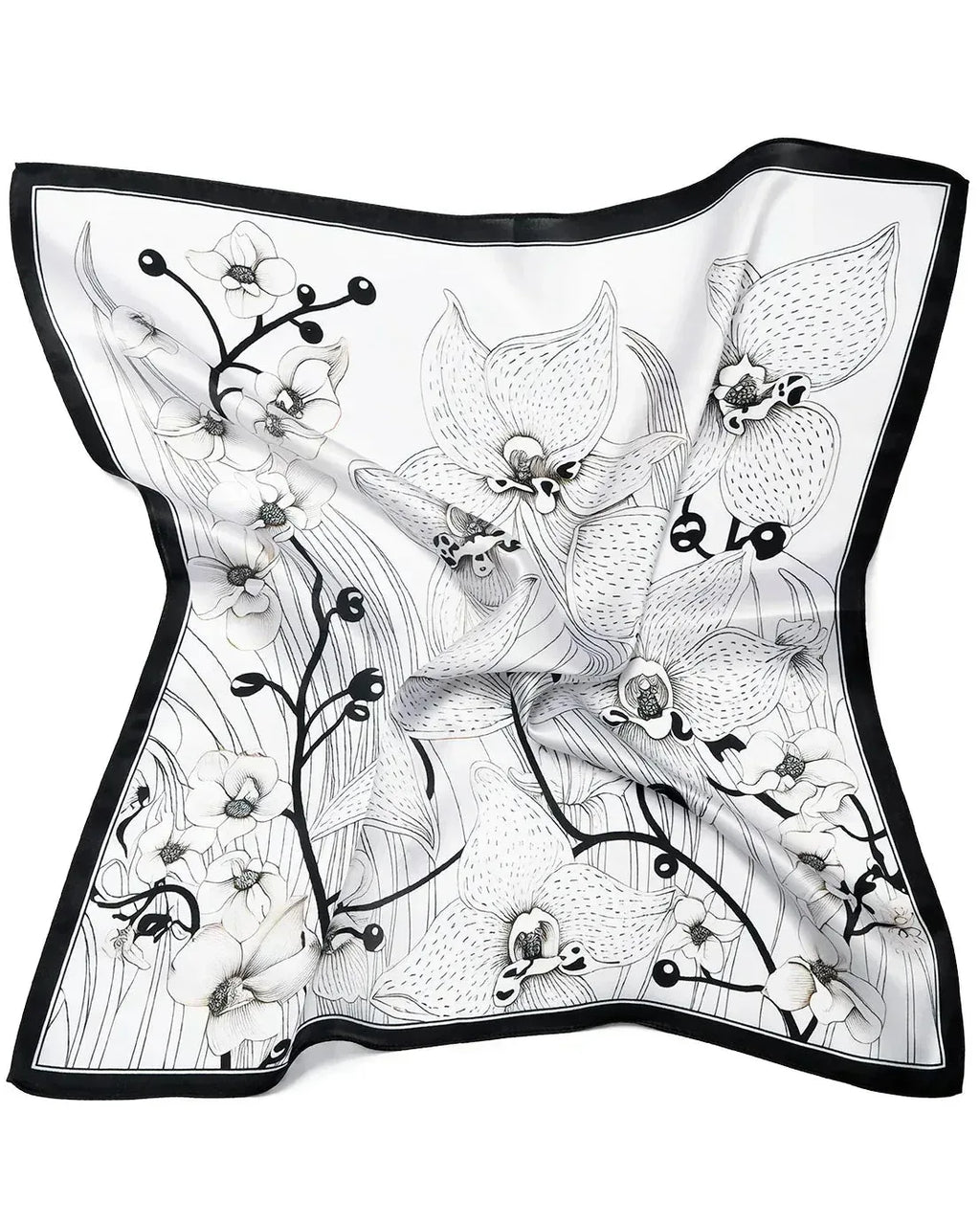 53x53 cm Mulberry Silk Orchid Scarf | Black & White | Luxury Square Scarf | Women's & Men's Neckerchief - Scarves4you