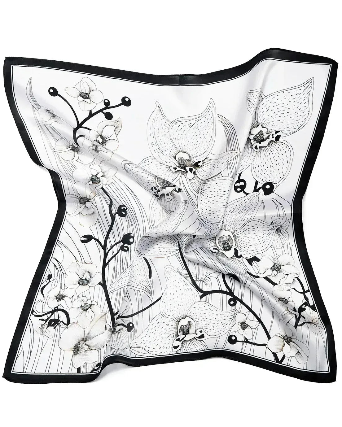 53x53 cm Mulberry Silk Orchid Scarf | Black & White | Luxury Square Scarf | Women's & Men's Neckerchief - Scarves4you