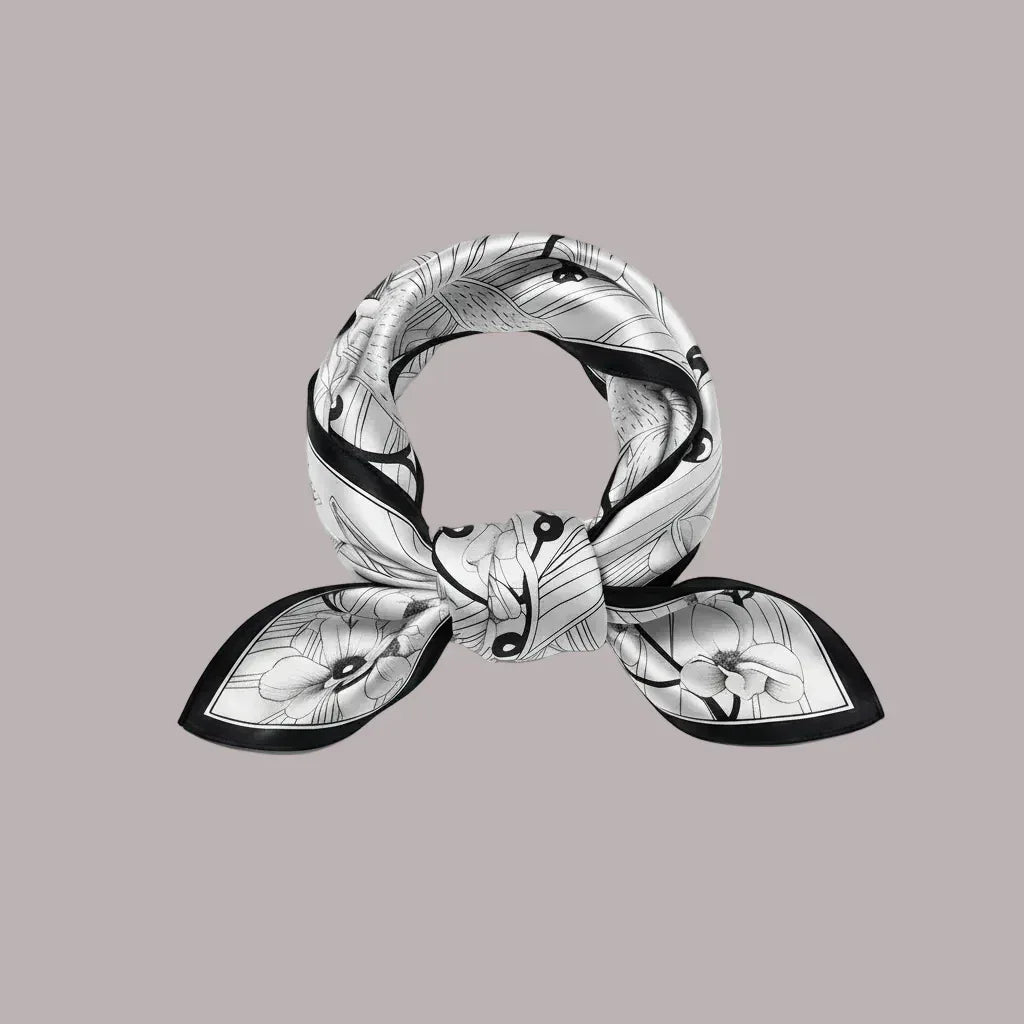 53x53 cm Mulberry Silk Orchid Scarf | Black & White | Luxury Square Scarf | Women's & Men's Neckerchief - Scarves4you