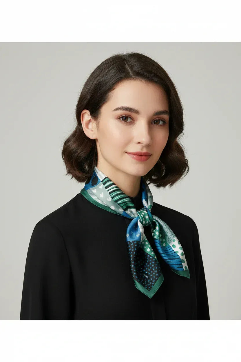 Natural Mulberry Silk Square Scarf - Green Abstract Artistic Pattern 53x53cm - Scarves4you