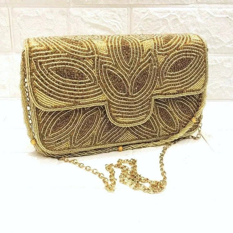 Gold Beaded Clutch Bag - Handcrafted Evening Purse - Scarves4you