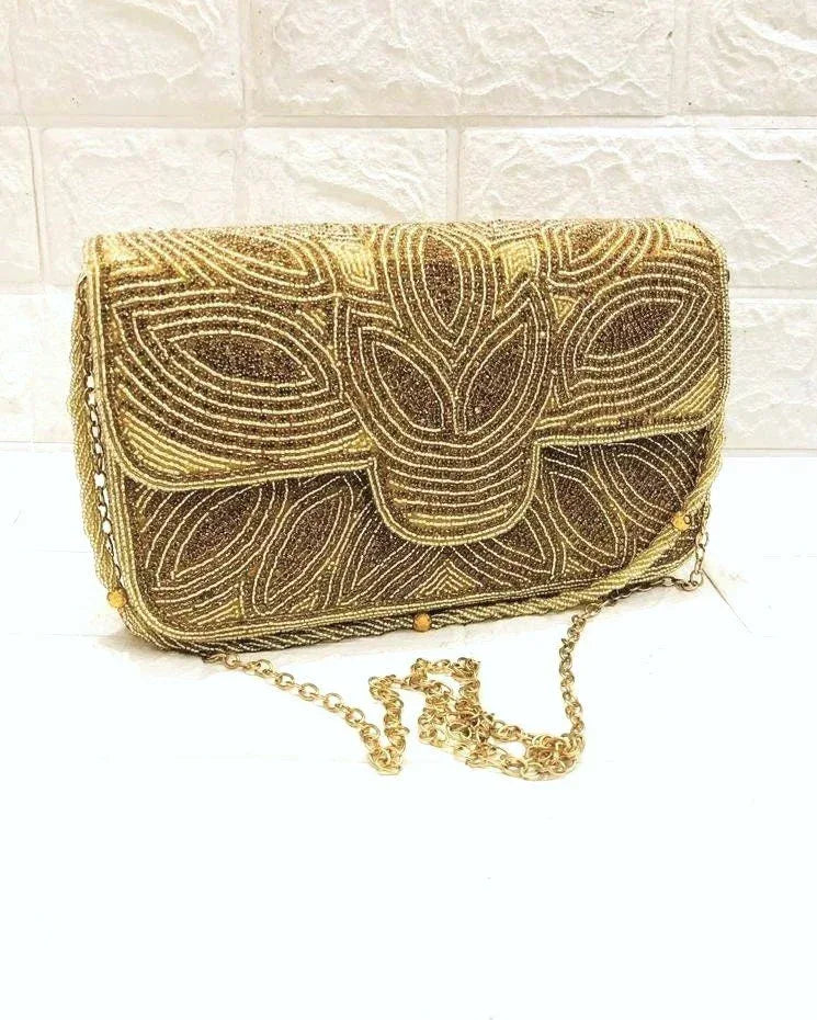 Gold Beaded Clutch Bag - Handcrafted Evening Purse - Scarves4you