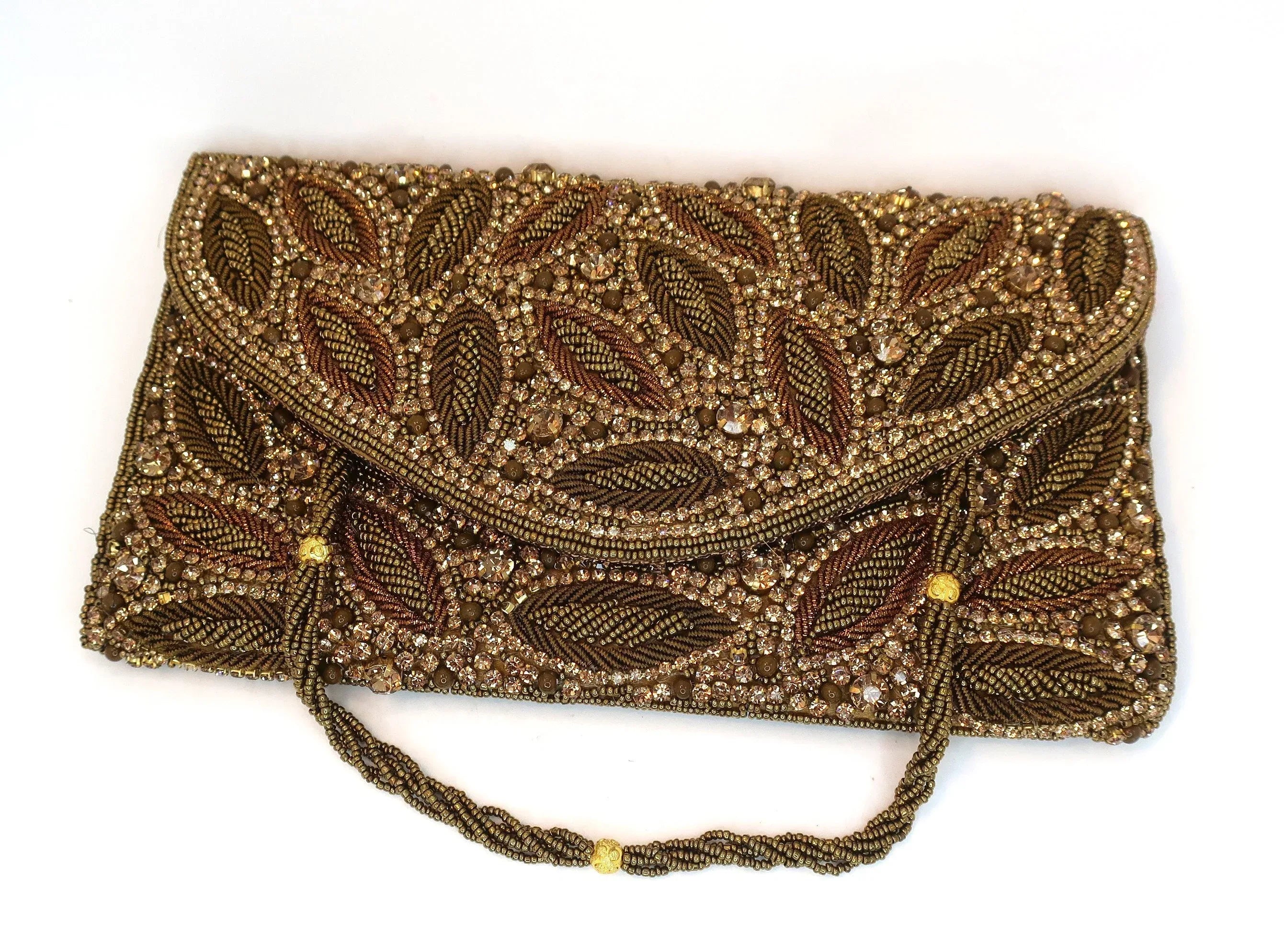 Gold Leaf Beaded Clutch Bag - Vintage Evening Purse - Scarves4you