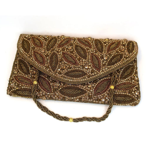 Gold Leaf Beaded Clutch Bag - Vintage Evening Purse - Scarves4you