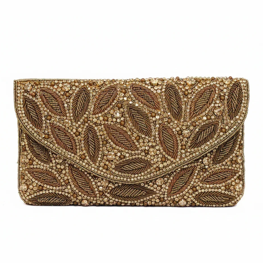 Gold Leaf Beaded Clutch Bag - Vintage Evening Purse - Scarves4you