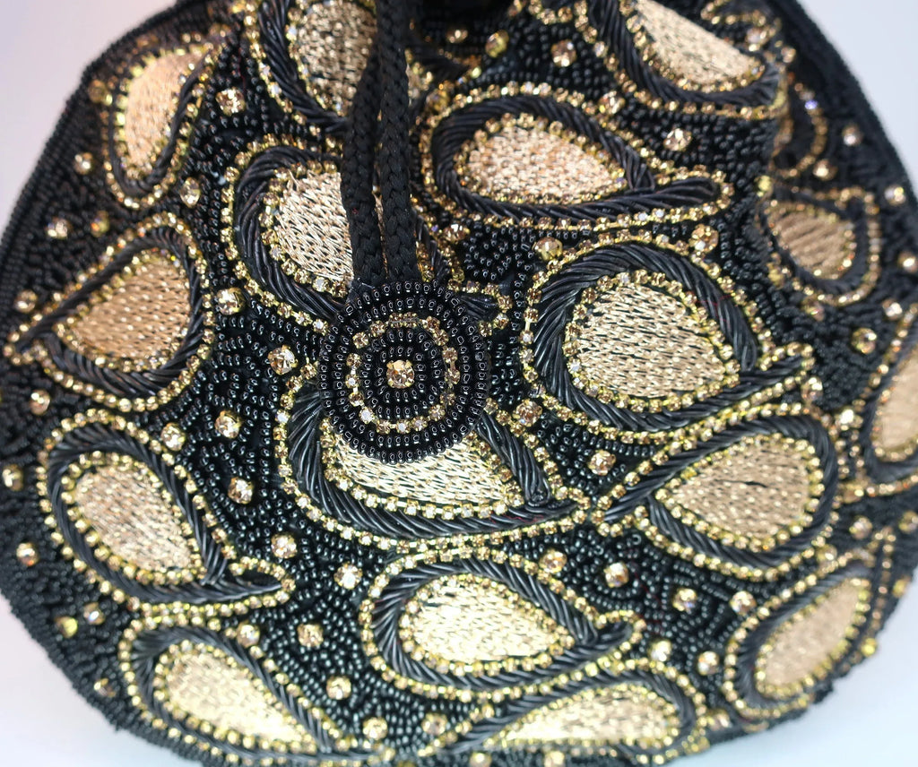 Black & Gold Beaded Potli Bag - Handcrafted Evening Purse - Scarves4you