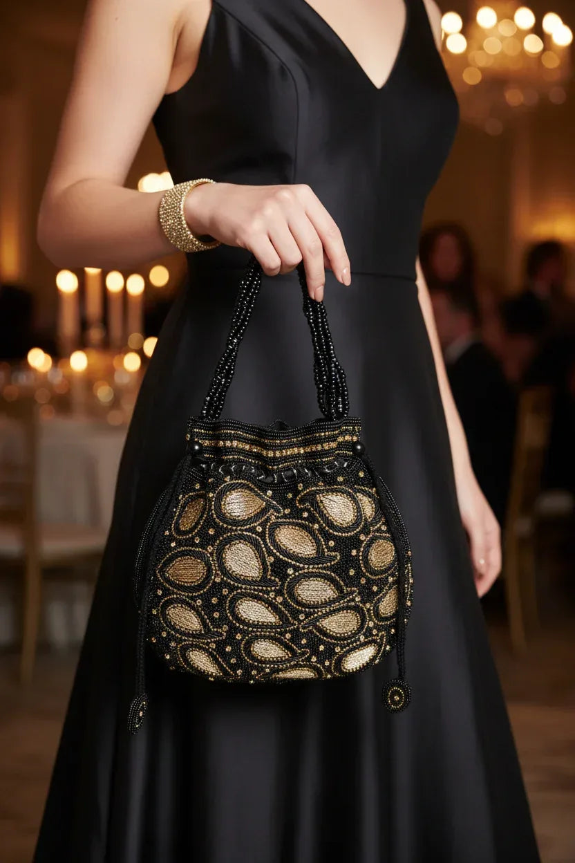 Black & Gold Beaded Potli Bag - Handcrafted Evening Purse - Scarves4you