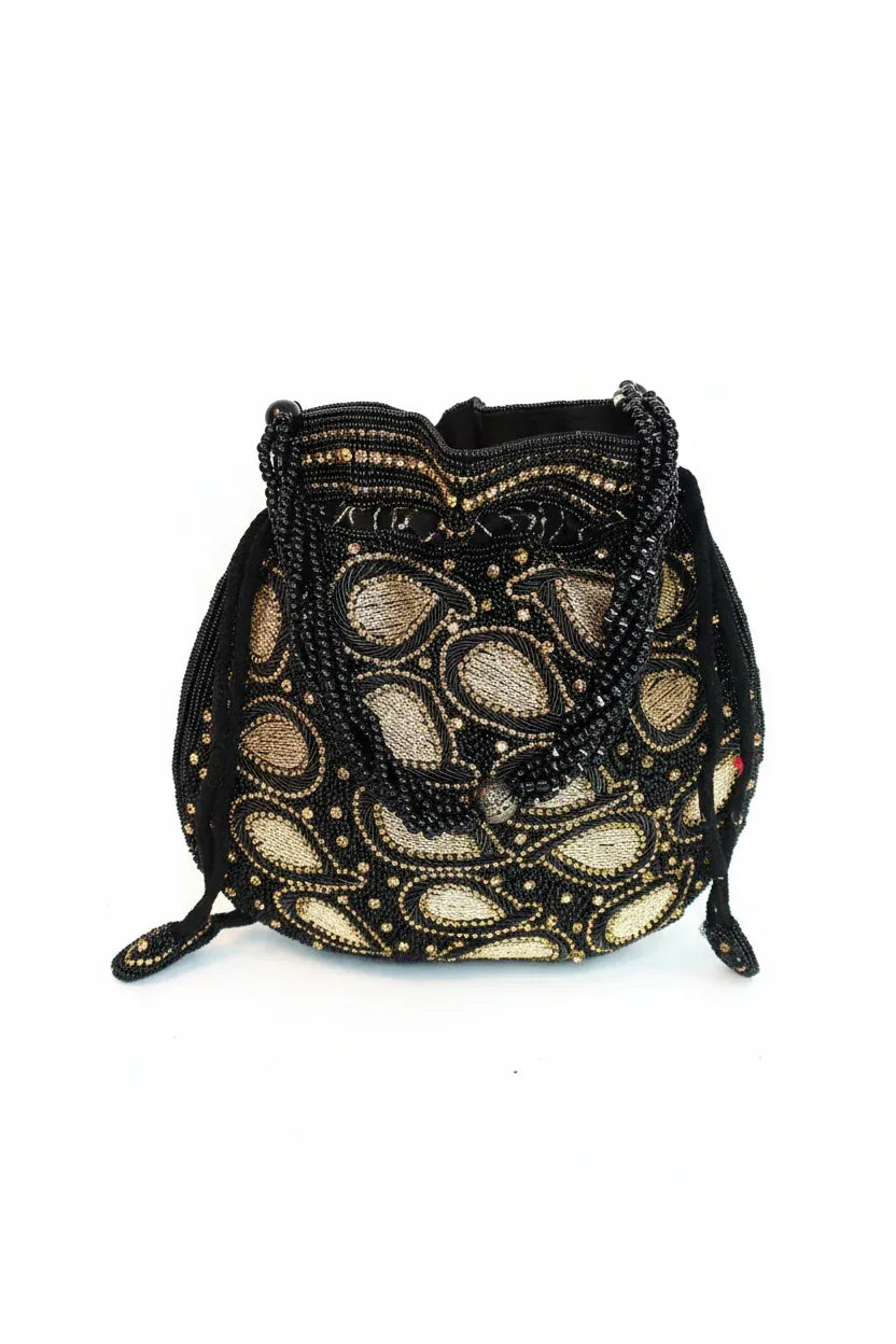 Black & Gold Beaded Potli Bag - Handcrafted Evening Purse - Scarves4you