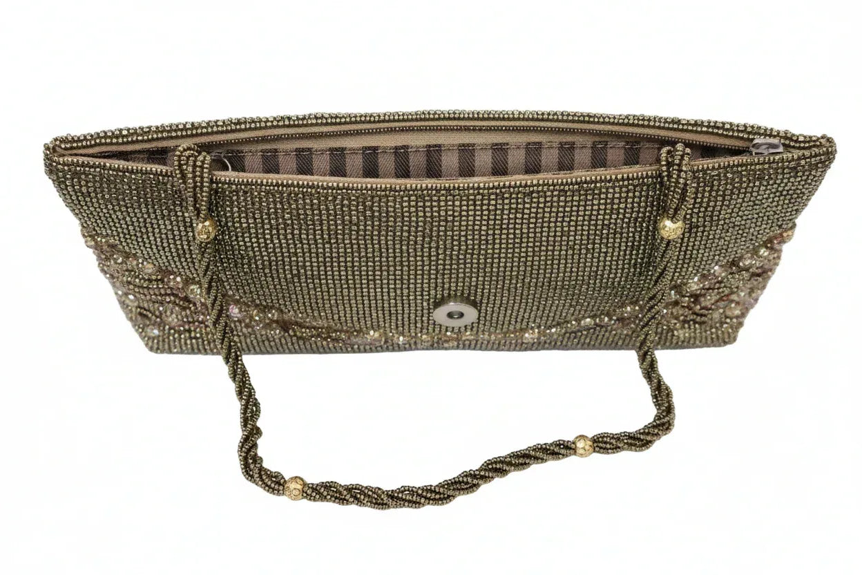 Gold Leaf Beaded Clutch Bag - Vintage Evening Purse - Scarves4you