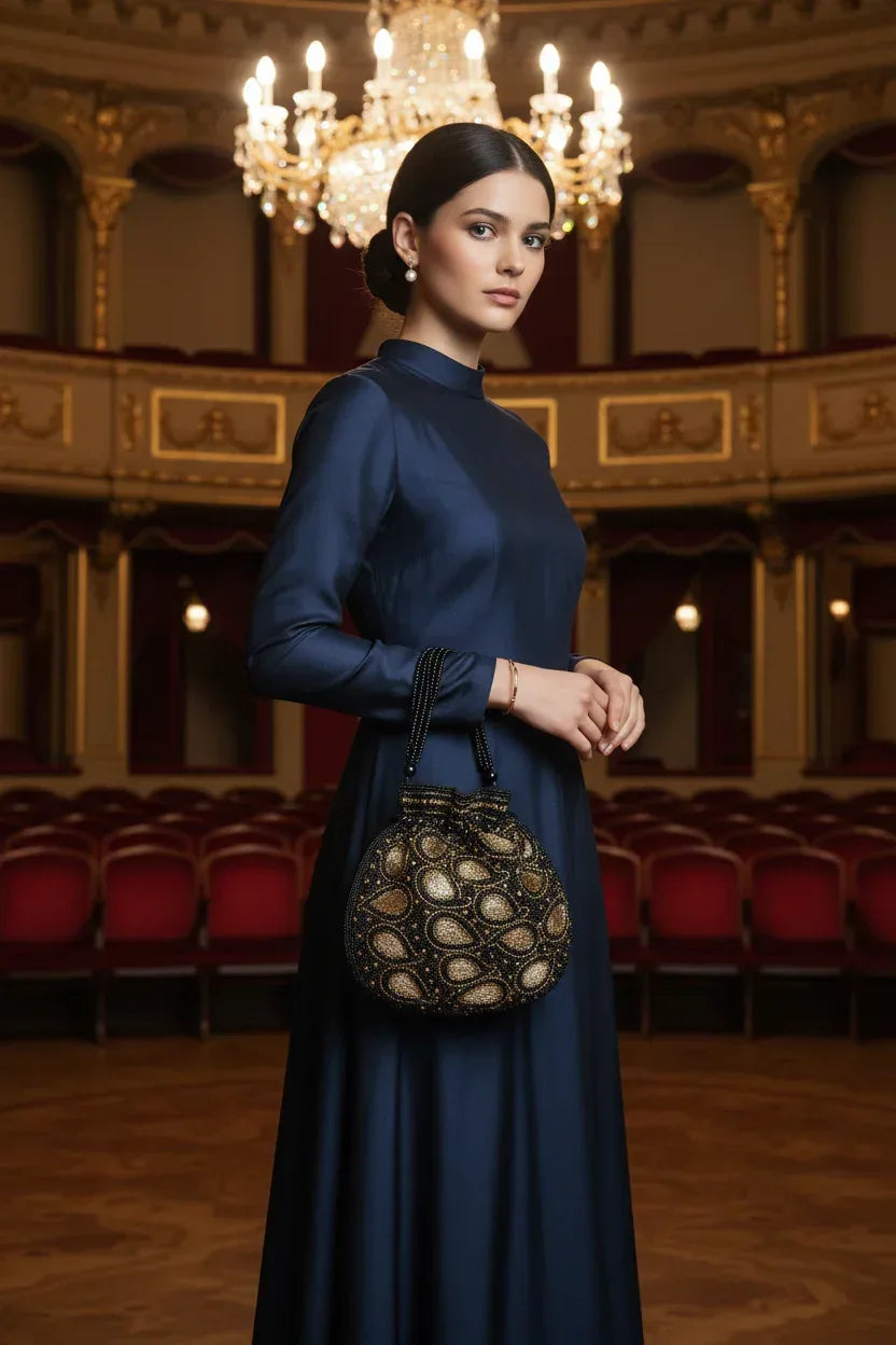 Black & Gold Beaded Potli Bag - Handcrafted Evening Purse - Scarves4you