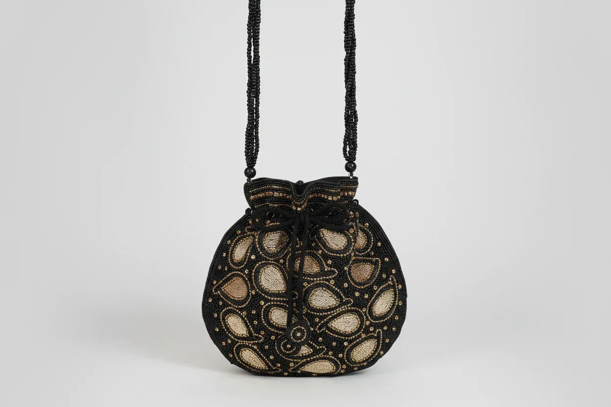 Black & Gold Beaded Potli Bag - Handcrafted Evening Purse - Scarves4you