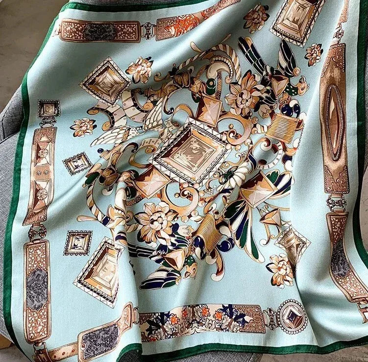 Mulberry Silk Square Scarf 53x53 cm - Turquoise Gold Baroque Ornate Design - Scarves4you