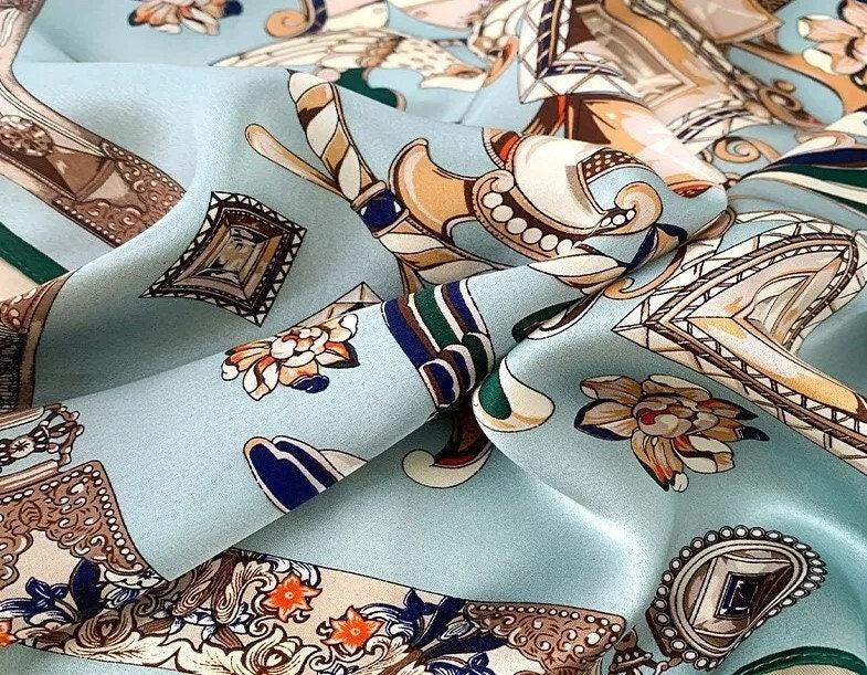 Mulberry Silk Square Scarf 53x53 cm - Turquoise Gold Baroque Ornate Design - Scarves4you