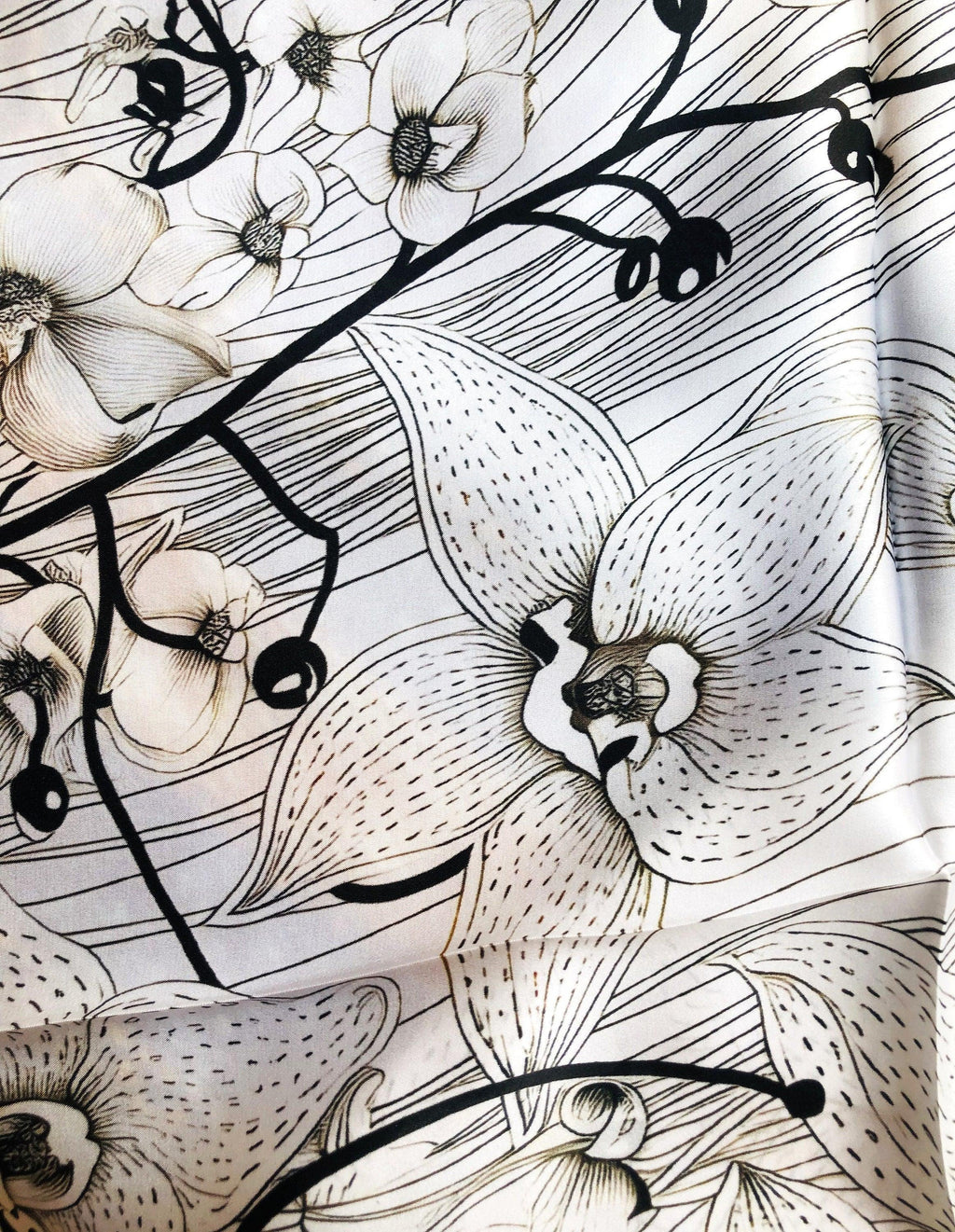 53x53 cm Mulberry Silk Orchid Scarf | Black & White | Luxury Square Scarf | Women's & Men's Neckerchief - Scarves4you