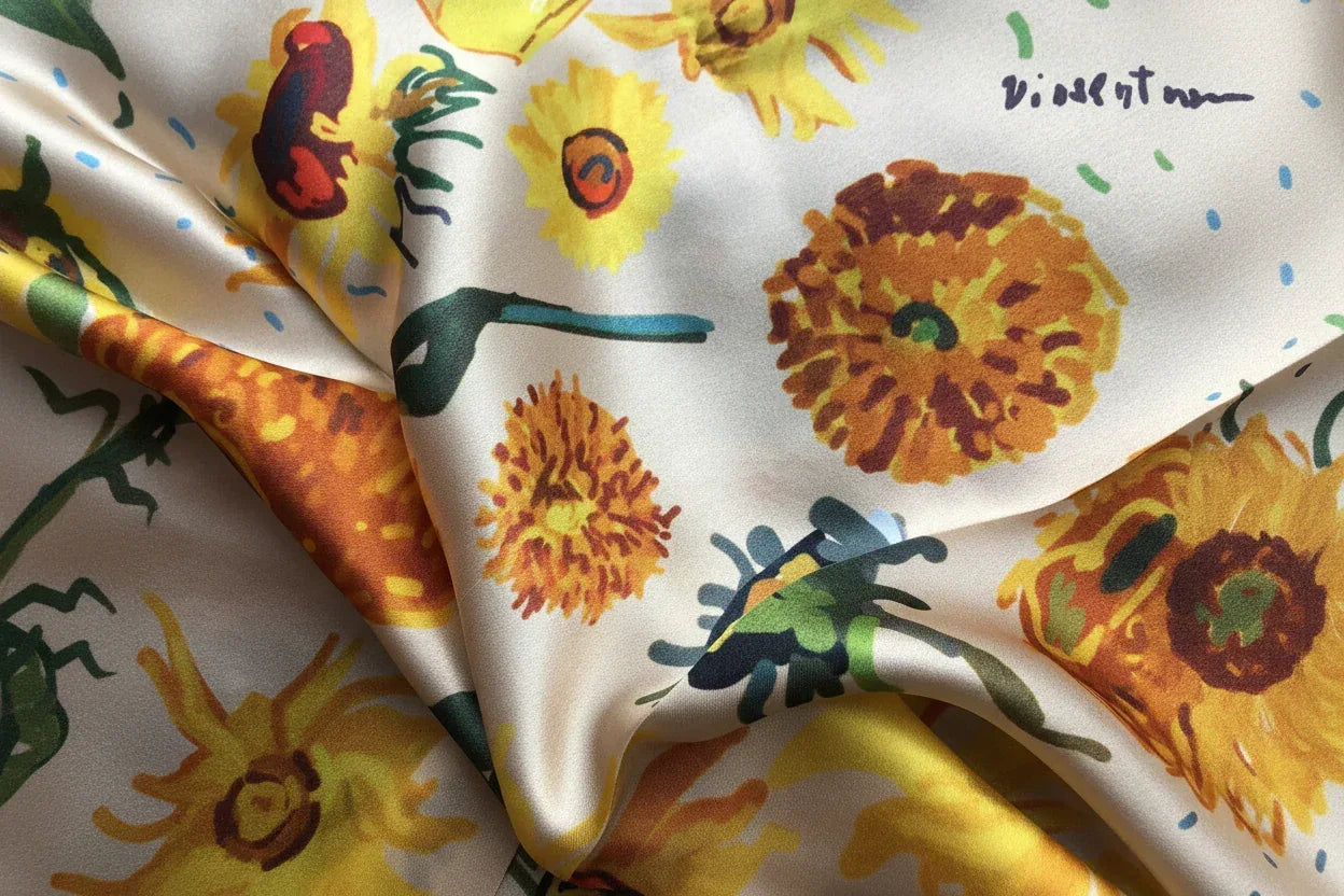 Sunflower Silk Scarf 53x53cm - Mulberry Silk Square Scarf Yellow Floral - Scarves4you