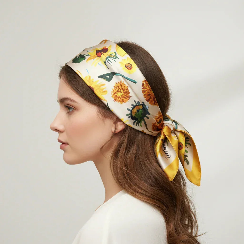 Sunflower Silk Scarf 53x53cm - Mulberry Silk Square Scarf Yellow Floral - Scarves4you