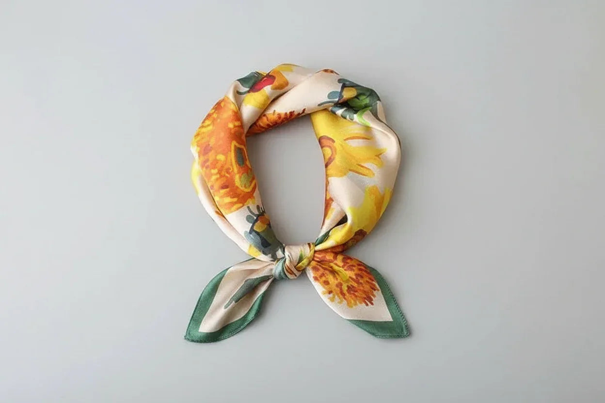 Sunflower Silk Scarf 53x53cm - Mulberry Silk Square Scarf Yellow Floral - Scarves4you