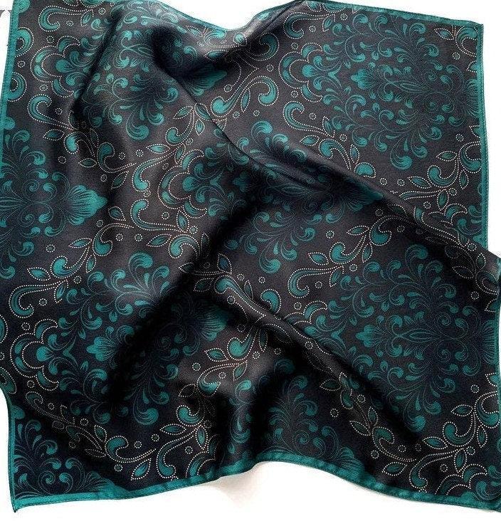 Silk Square Scarf 53×53 cm – Emerald Green Baroque Print | Elegant Floral Pattern - Scarves4you