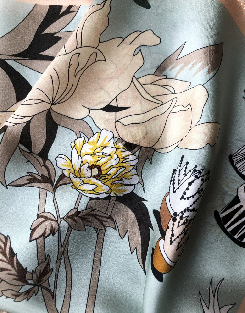 Mulberry Silk Square Scarf 53x53 cm - Pastel Floral Botanical Garden Design - Scarves4you