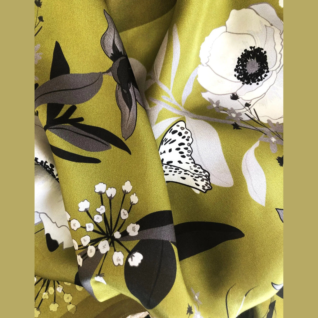Silk Square Scarf 53×53 cm – Yellow Floral Print | White Flowers & Black Leaves - Scarves4you