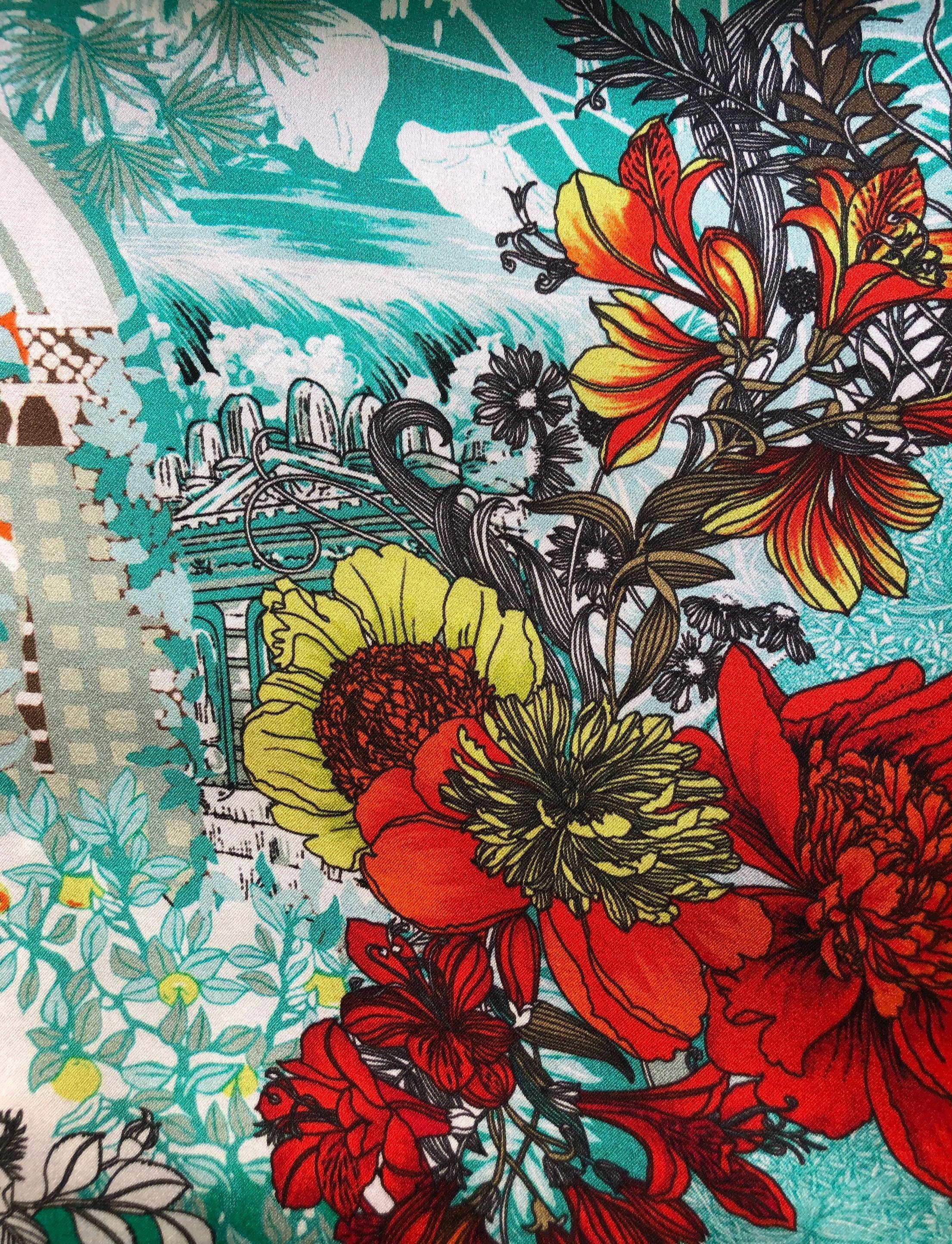 Turquoise Deer Garden Silk Scarf - 53cm - Scarves4you