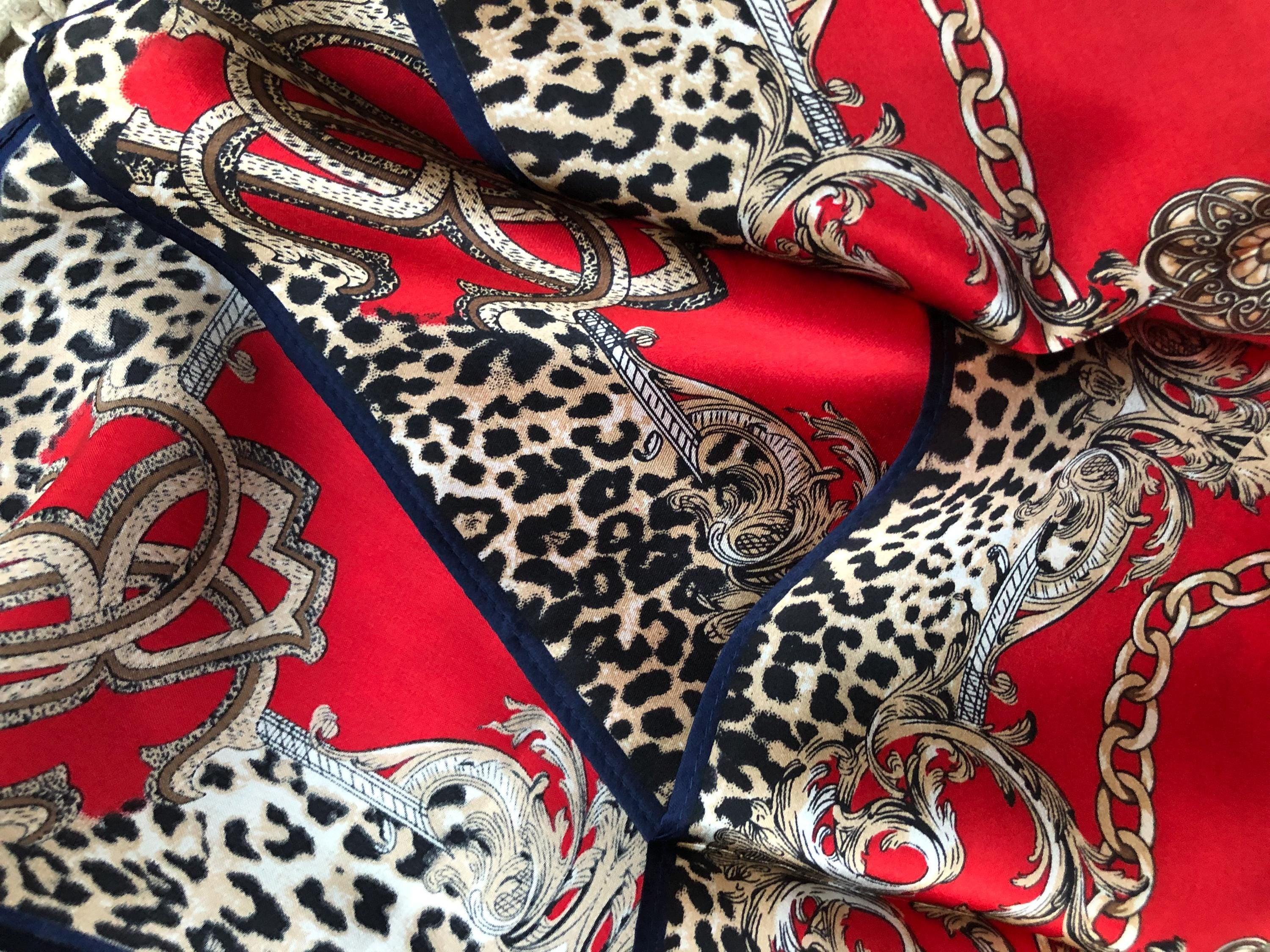 Natural Mulberry Silk Square Scarf - Red Leopard Chain Pattern 53x53cm - Scarves4you