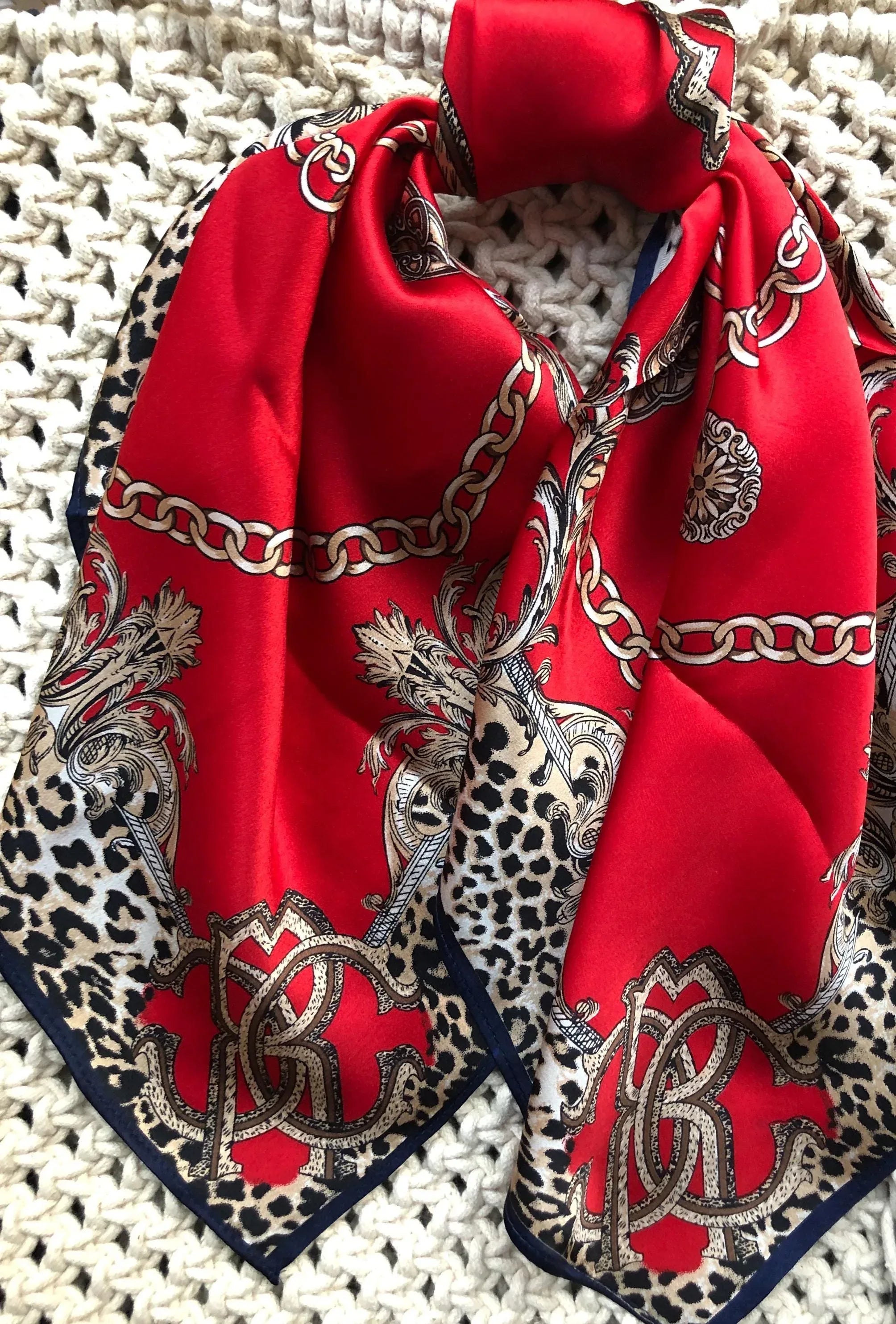 Natural Mulberry Silk Square Scarf - Red Leopard Chain Pattern 53x53cm - Scarves4you
