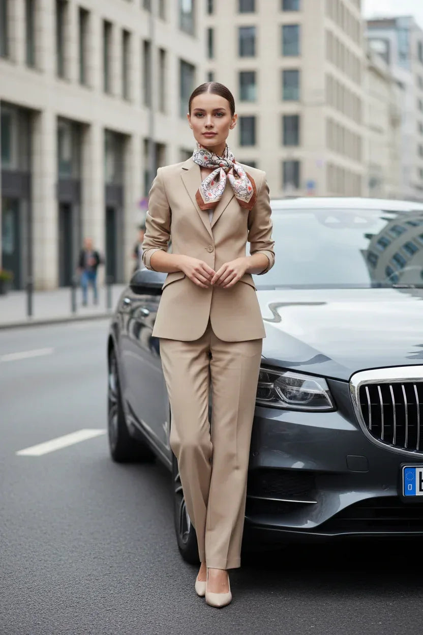 Beige Floral Silk Scarf - 53cm - Scarves4you