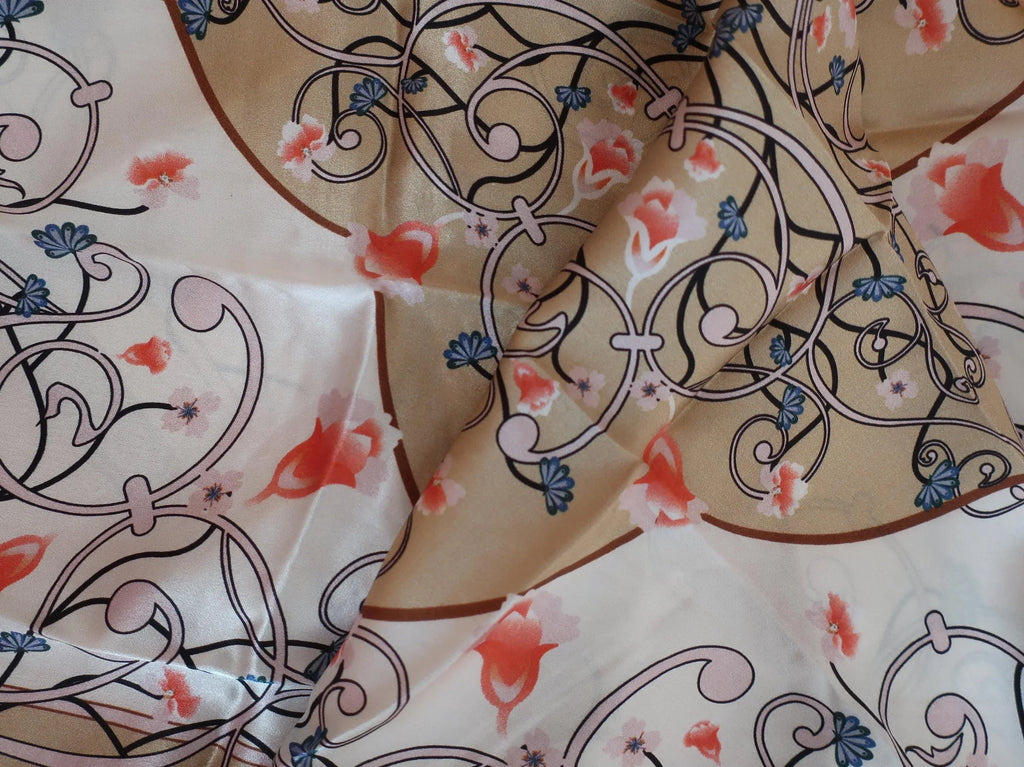 Beige Floral Silk Scarf - 53cm - Scarves4you