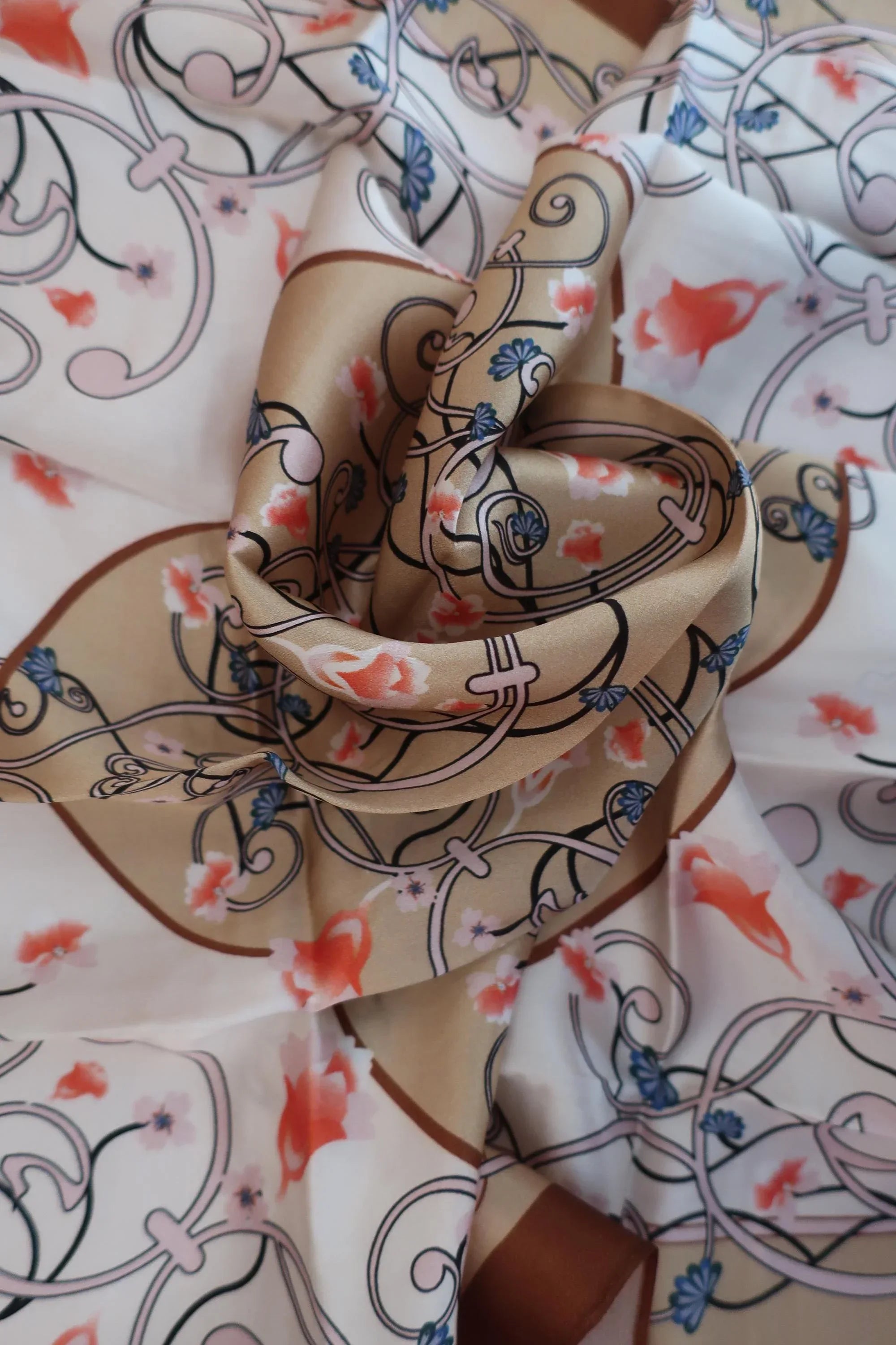 Beige Floral Silk Scarf - 53cm - Scarves4you