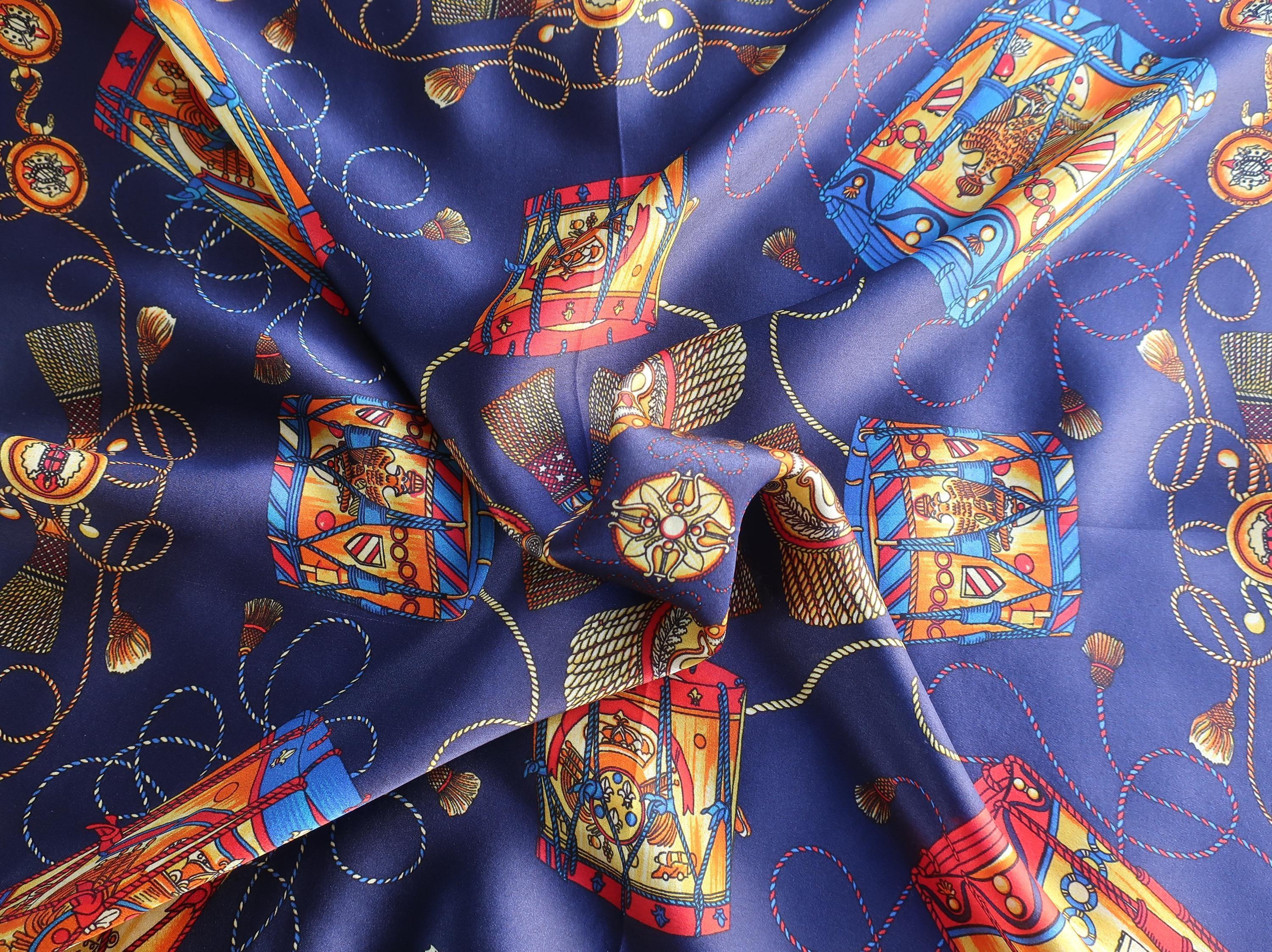 Natural Mulberry Silk Square Scarf - Dark Blue Gold Pattern 53x53cm - Scarves4you